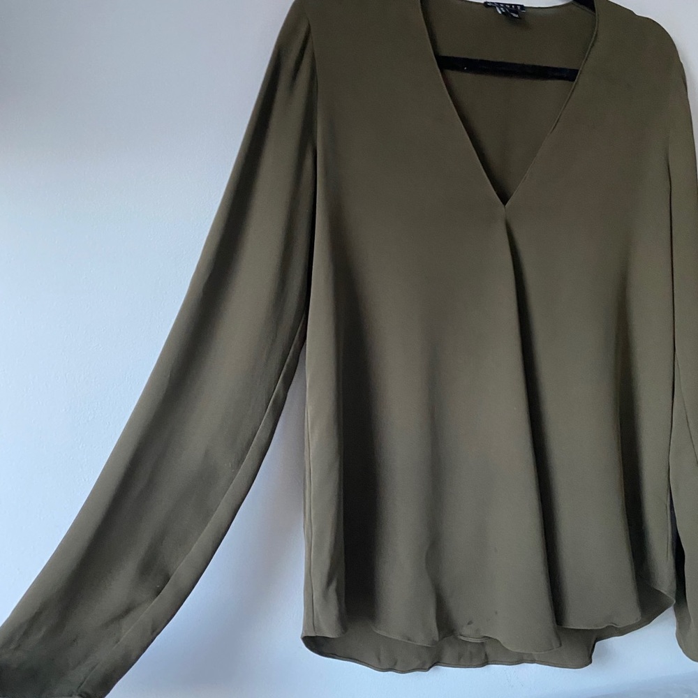 Theory Olive Green V-Neck Long Sleeve Blouse - Picture 2 of 7